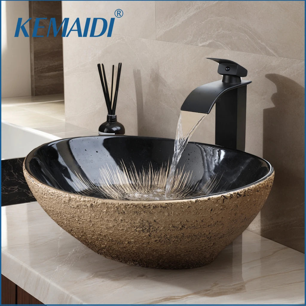 Kemaidi Oval Vessel Sink Faucet White Marbling Bathroom