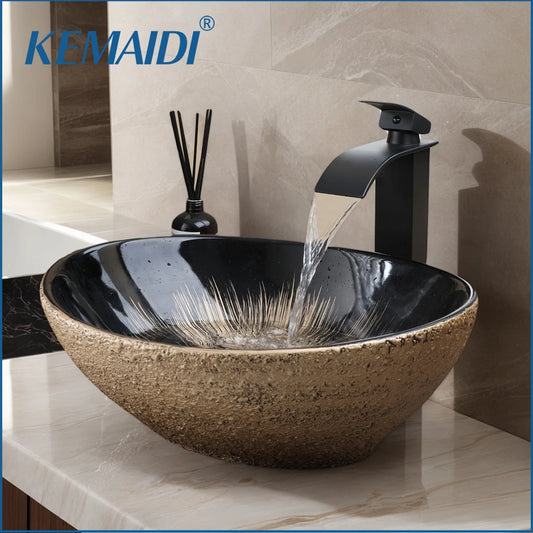 Kemaidi Oval Vessel Sink Faucet White Marbling Bathroom