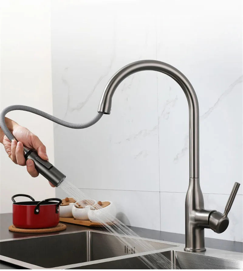 Gun Gray Pull-Out Sink Faucet Double Water Washbasin