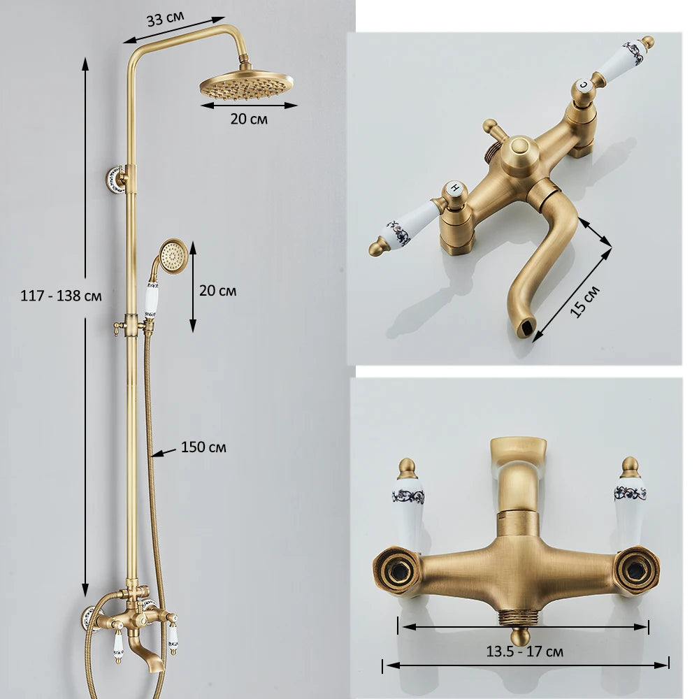 Retro Shower System Antique Brass Rainfall Shower Handheld