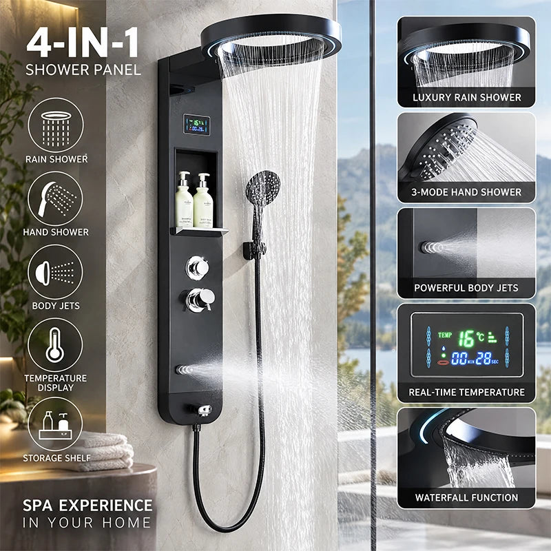Black Shower Panel Column Big Screen Rain&Waterfall Shower
