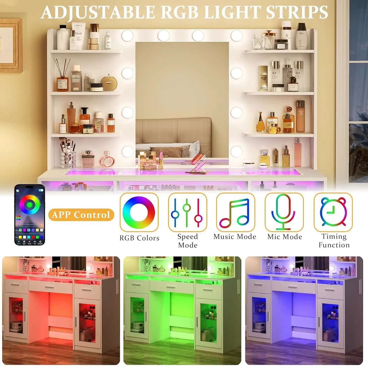 Vanity Desk Color Lighted Mirror Transparent Top Rgb