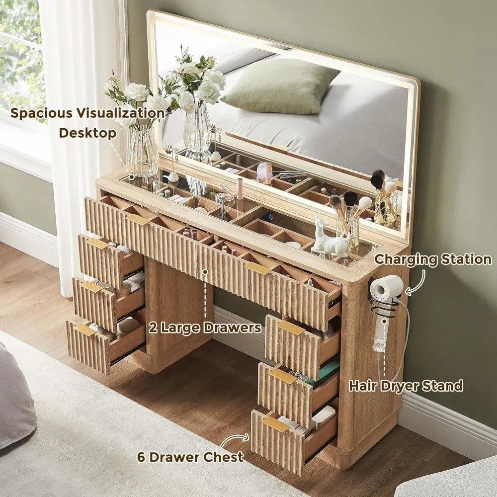 Illuminated 48 Makeup Vanity Desk Fluted Design 8-Drawer