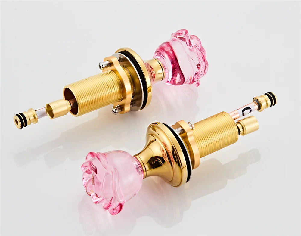 Gold Red Rose Basin Faucet Widespread Sink Tap