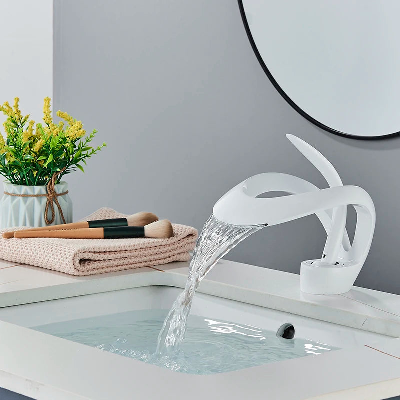 Black Bathroom Basin Taps Handle Waterfall Faucet Solid
