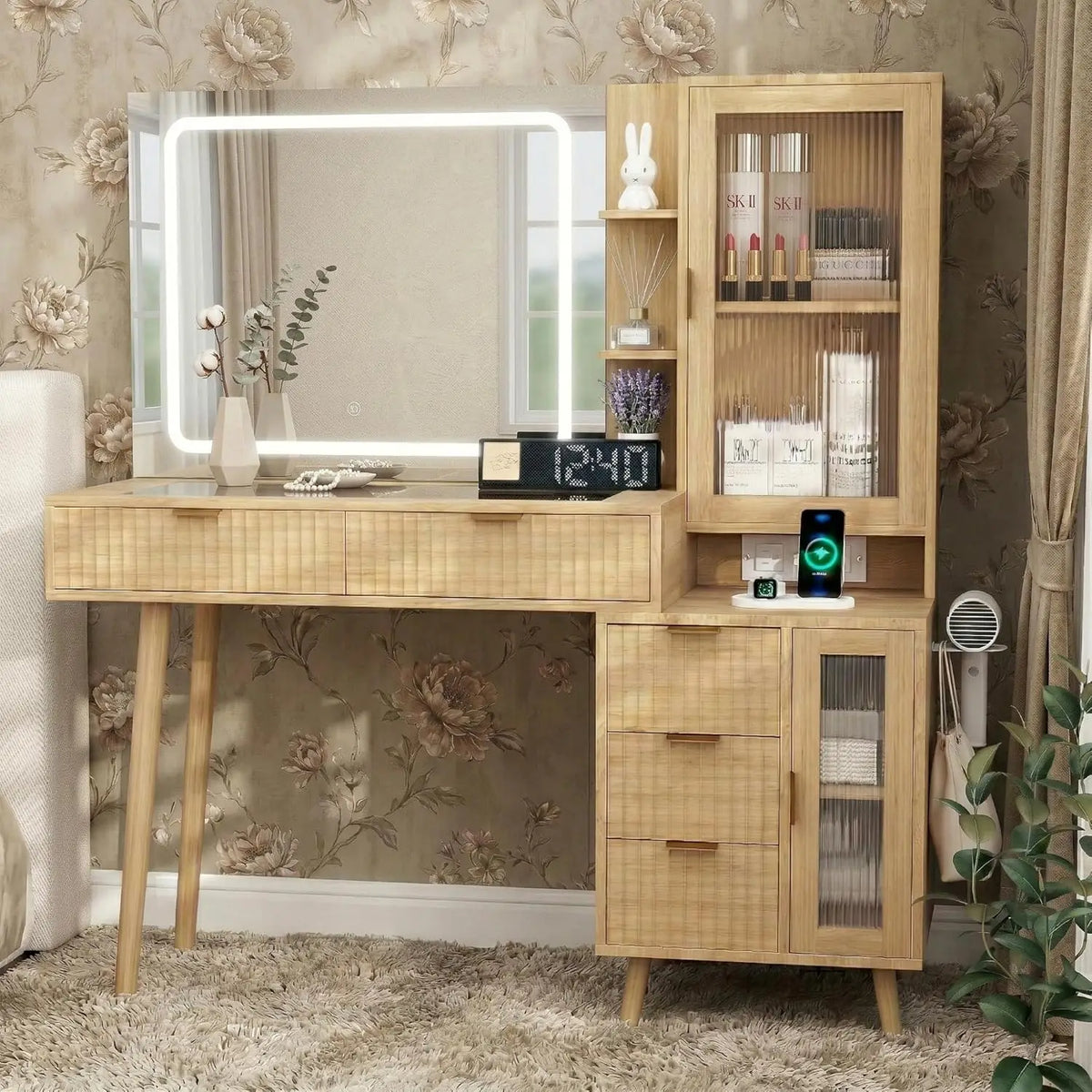 Fluted Boho Vanity Desk Led Mirror Glass Top