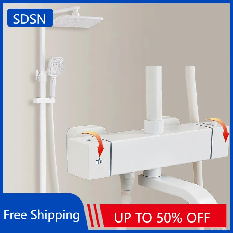 White Thermostatic Bathroom Shower 12 Inch Square Rain