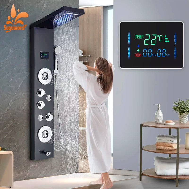 Black Led Shower Panel Column Shower Faucet Bathtub