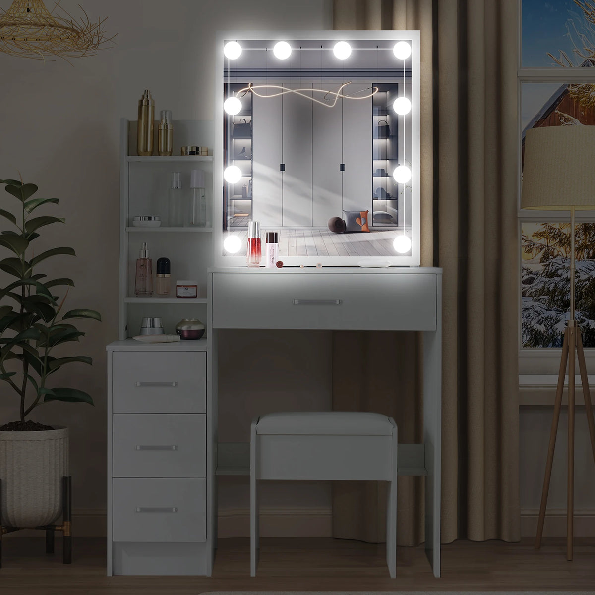 White Makeup Dressing Table W/ Lights Sliding Mirror