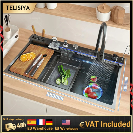 Stainless Steel Waterfall Sink Digital Display Large Slot