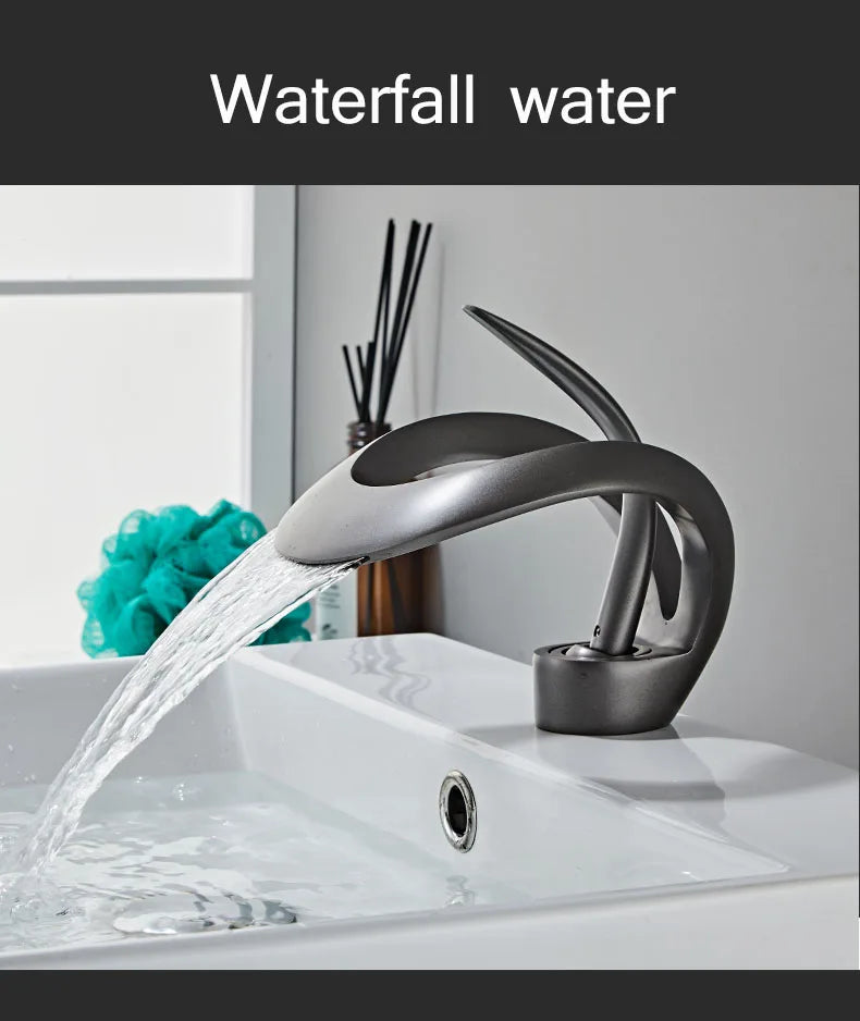 Black Bathroom Basin Taps Handle Waterfall Faucet Solid