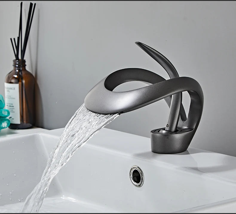Black Bathroom Basin Taps Handle Waterfall Faucet Solid