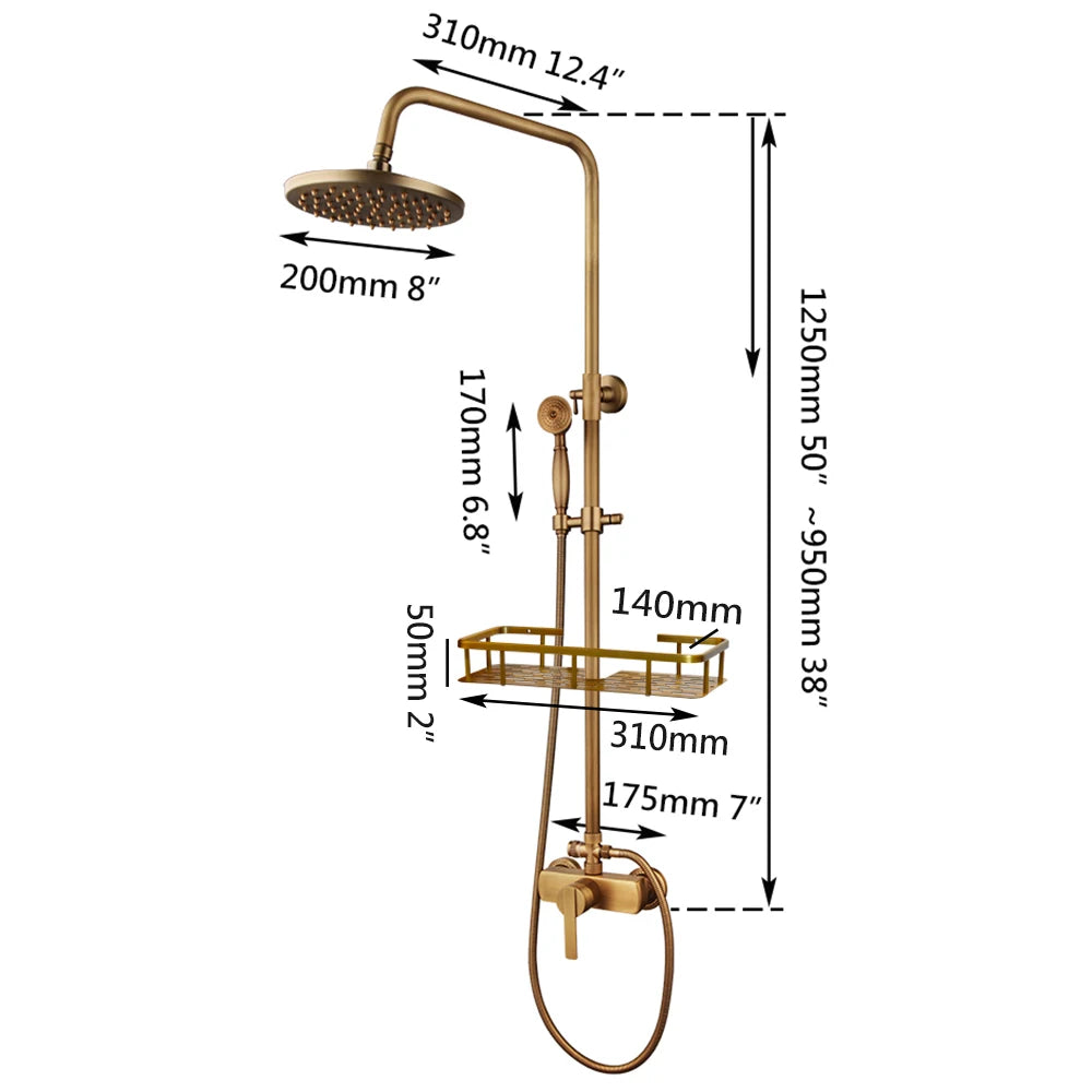 Zappo Antique Brass Shower Systerm Flexible Retro Brass