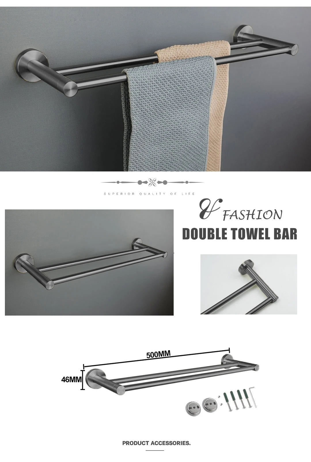 Grey Bathroom Hardware Kit Stainless Steel Round Wall