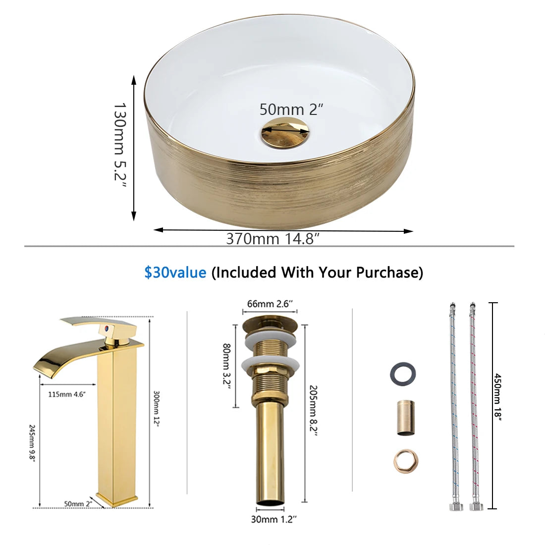Kemaidi 14 Gold Round Vessel Sink Faucet Ceramic
