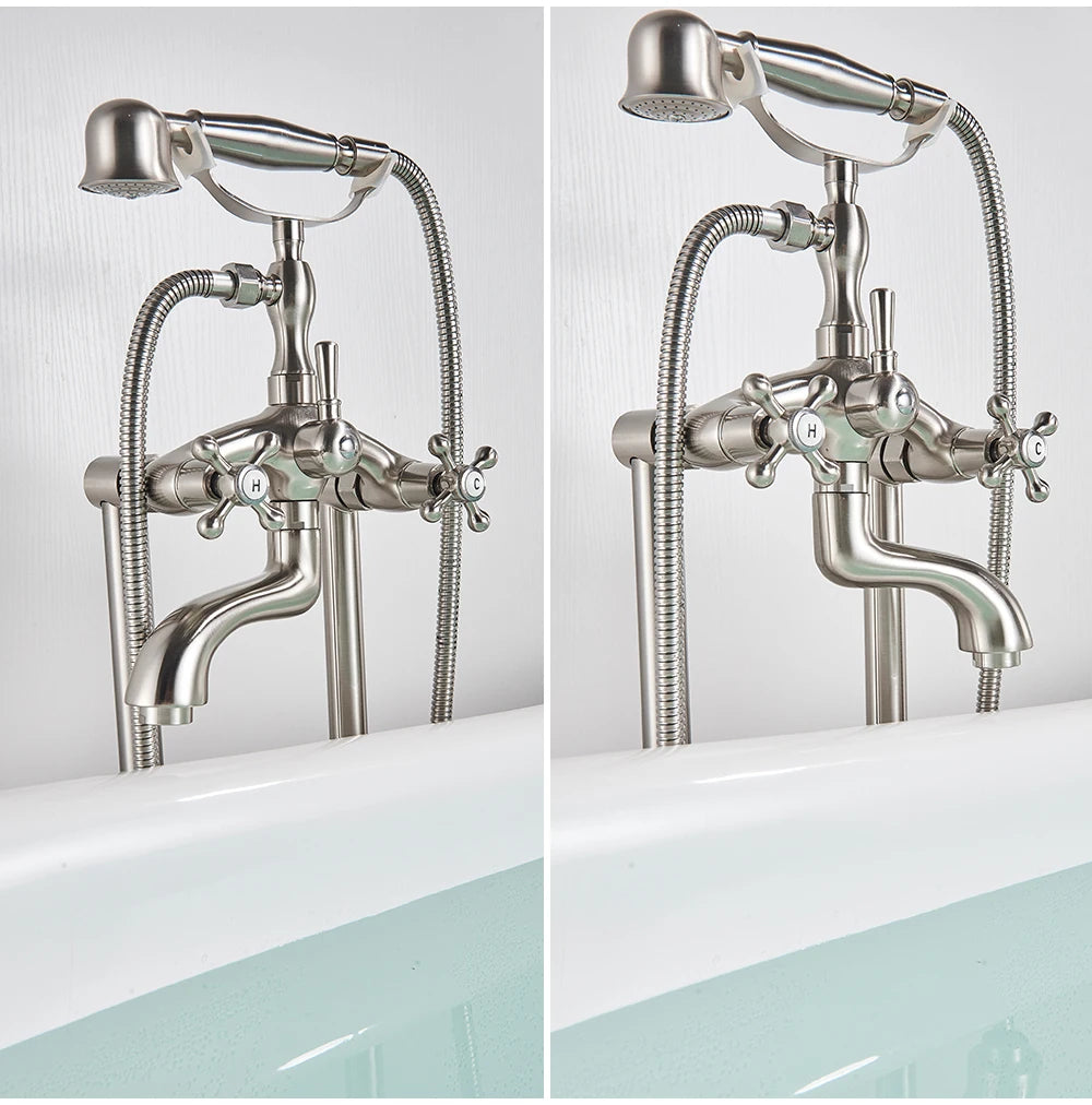 Antique Brass Floor Mounted Bathtub Shower Faucet Dual