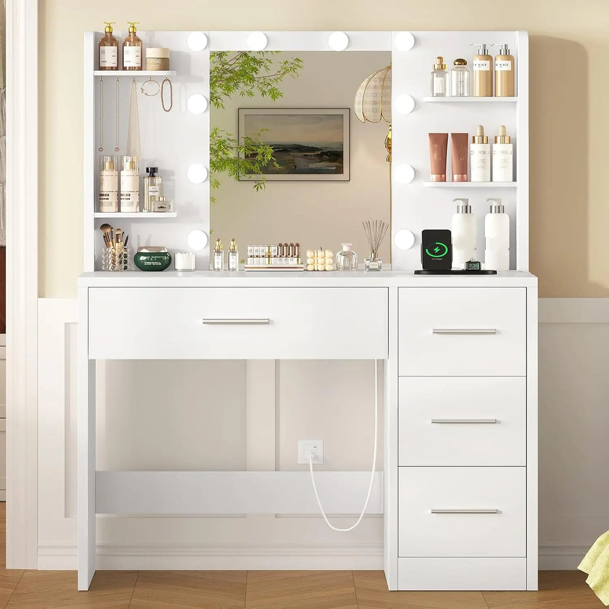 Makeup Vanity Lighted Mirror & Power Outlet Drawers