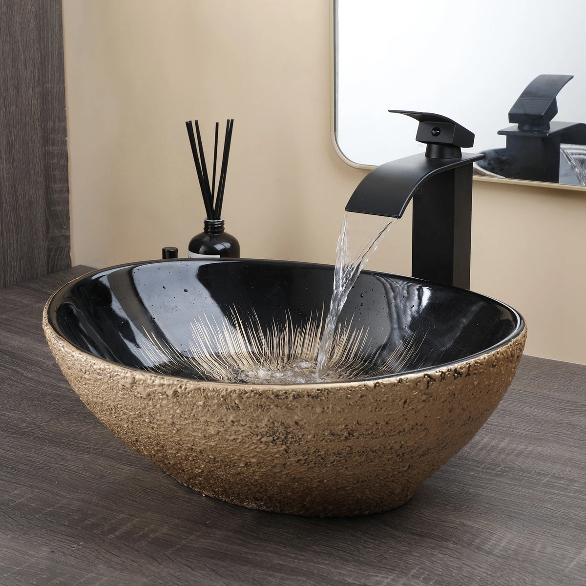 Kemaidi Oval Vessel Sink Faucet White Marbling Bathroom