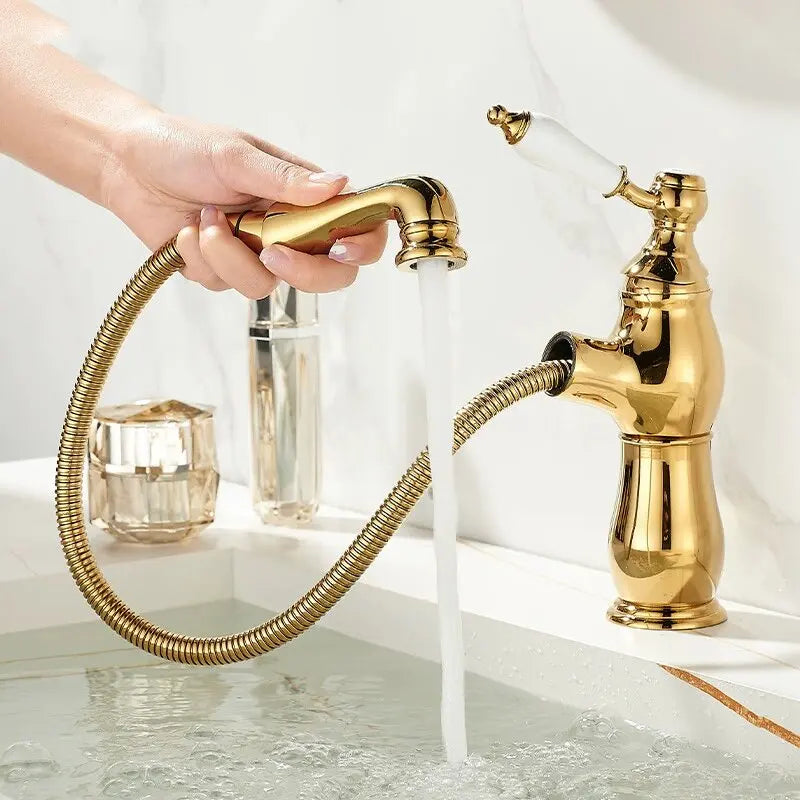 Gold Bathroom Ceramic Handle Basin Faucets Pull Out