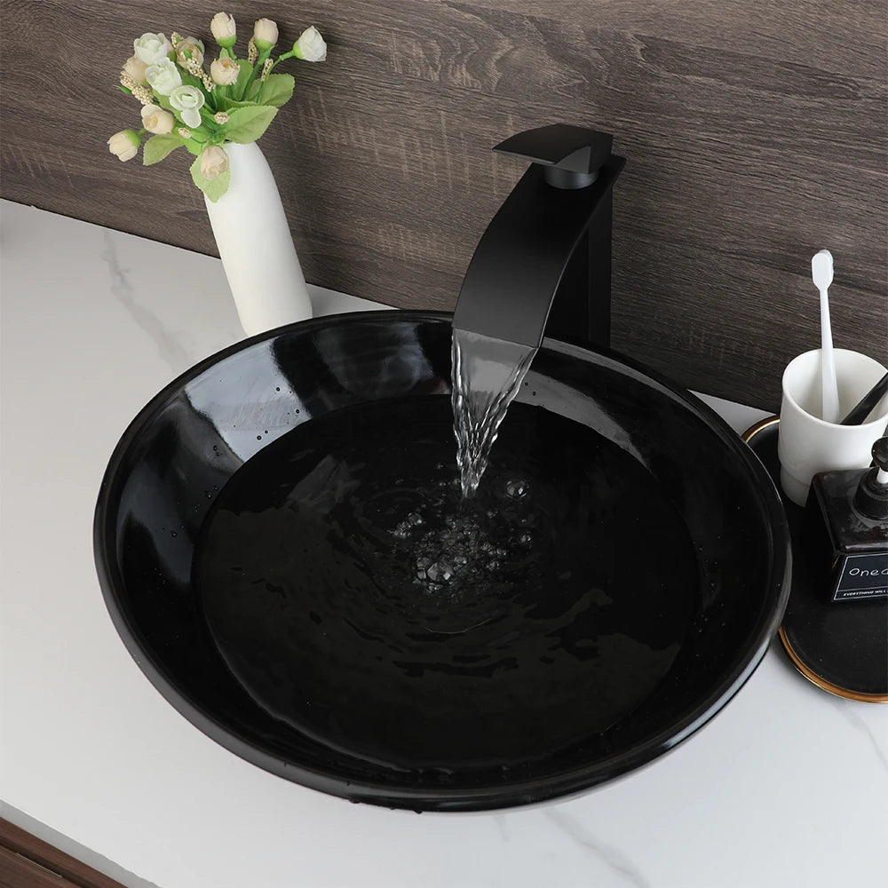 Kemaidi Oval Vessel Sink Faucet White Marbling Bathroom