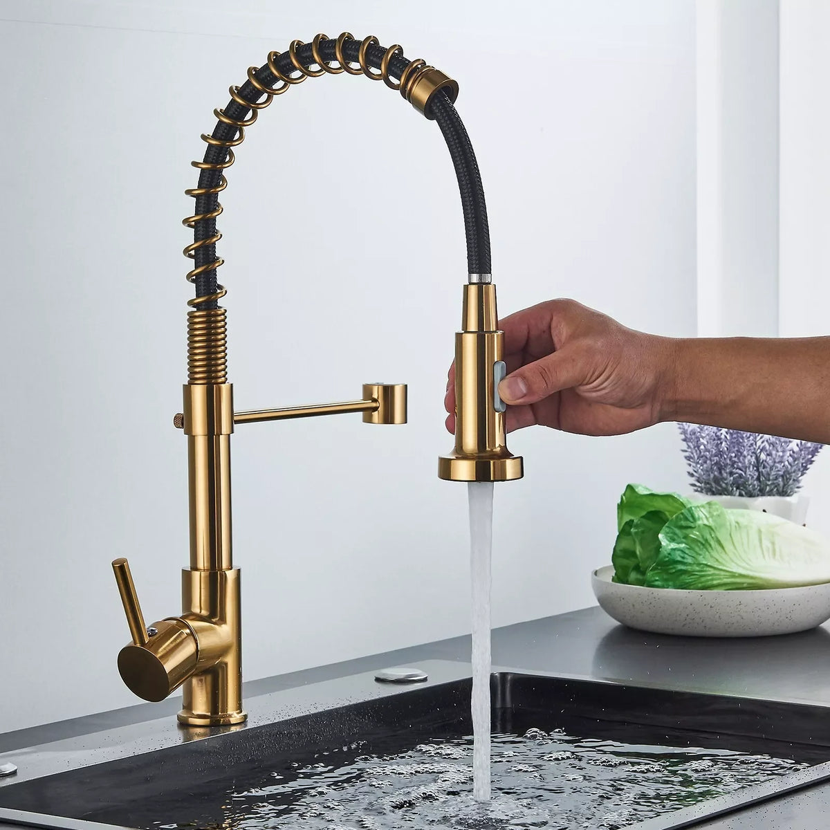 Brushed Gold Sink Faucet One Handle Spring Cold