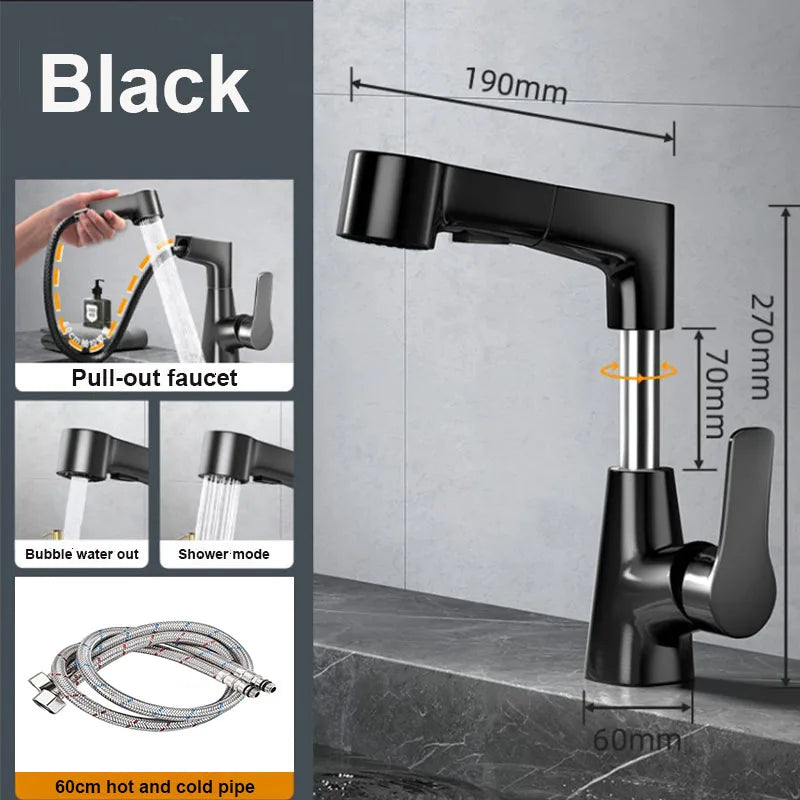Dual-Function Pull-Down Bathroom Sink Faucet Adjustable Height
