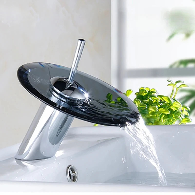 Colorful Glass Waterfall Bathroom Basin Sink Faucet Chrome