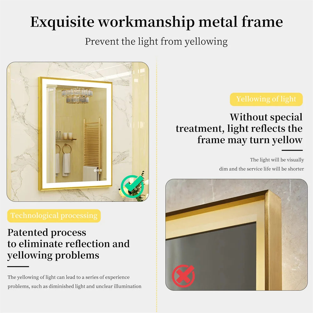 Luvodi Illuminated Bathroom Mirror Gold Frame Wall Mounted