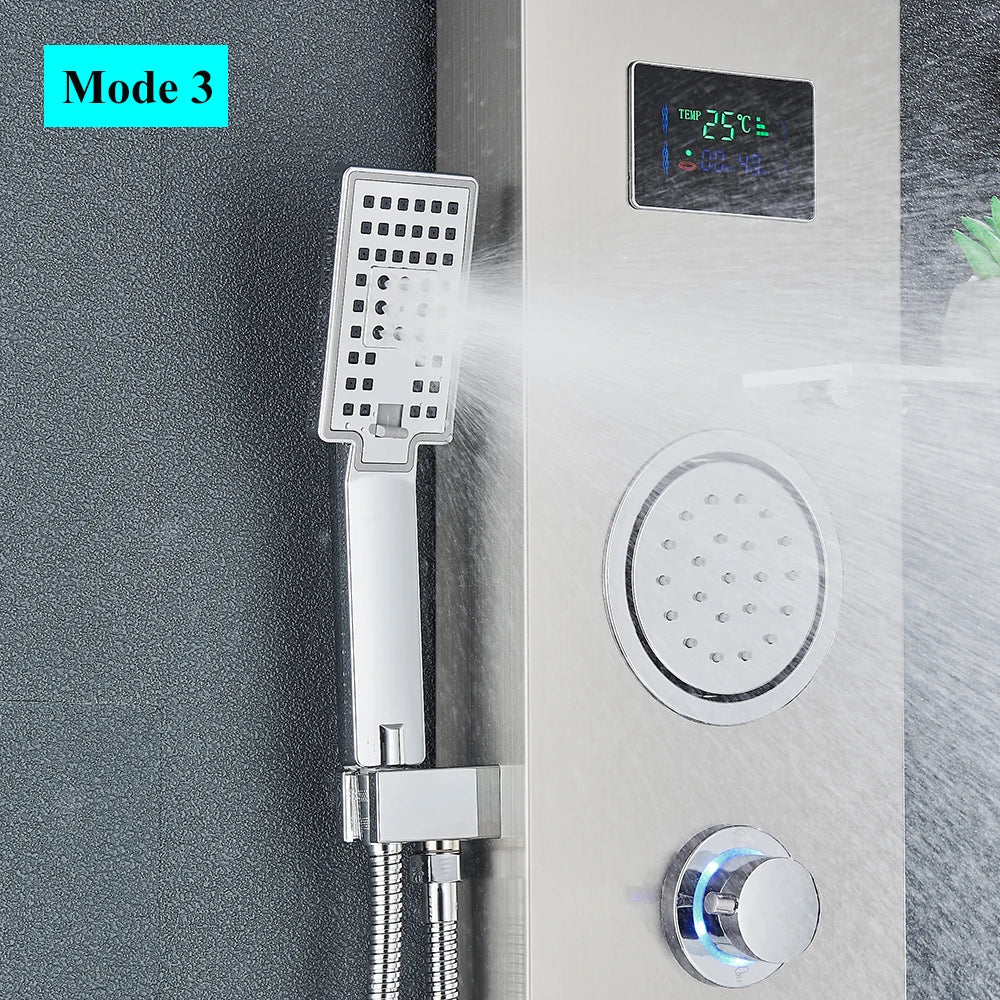 Brushed Nickel Bathroom Led Rainfall Shower Faucet Digital
