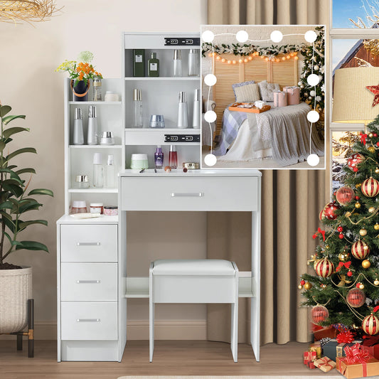 Led Vanity Table Sliding Mirror White Makeup Desk