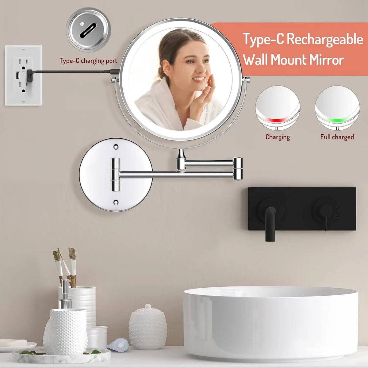 Touch Led Folding Bathroom Mirrors Double Face 5x