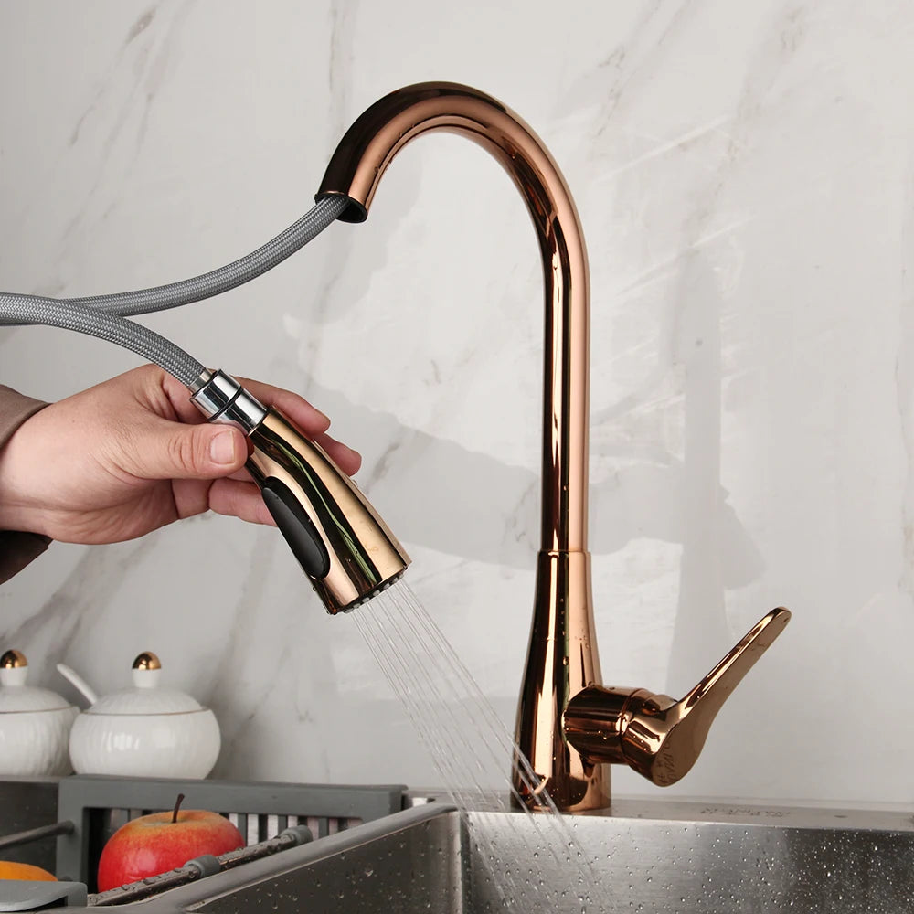 Kemaidi Rose Gold Sink Faucet Black Handle Pull