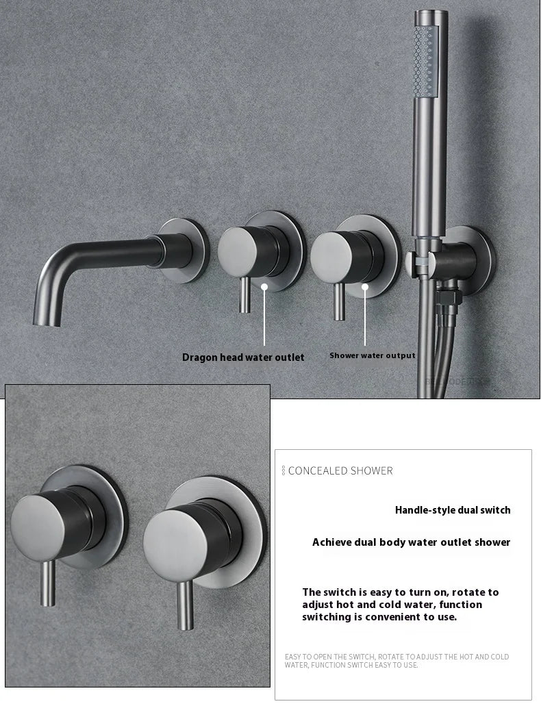 Brushed Gold Concealed Wall-Mounted Bathtub Faucet Gun Grey