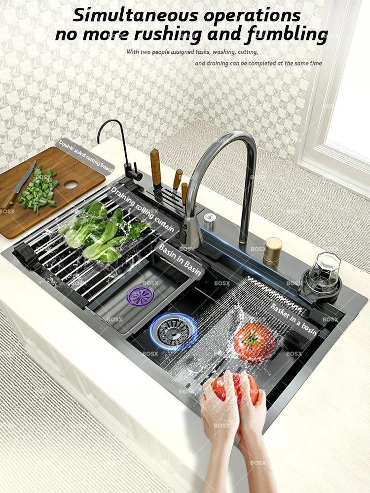 Sink Stainless Steel Large Slot Waterfall Faucet Dishwashing