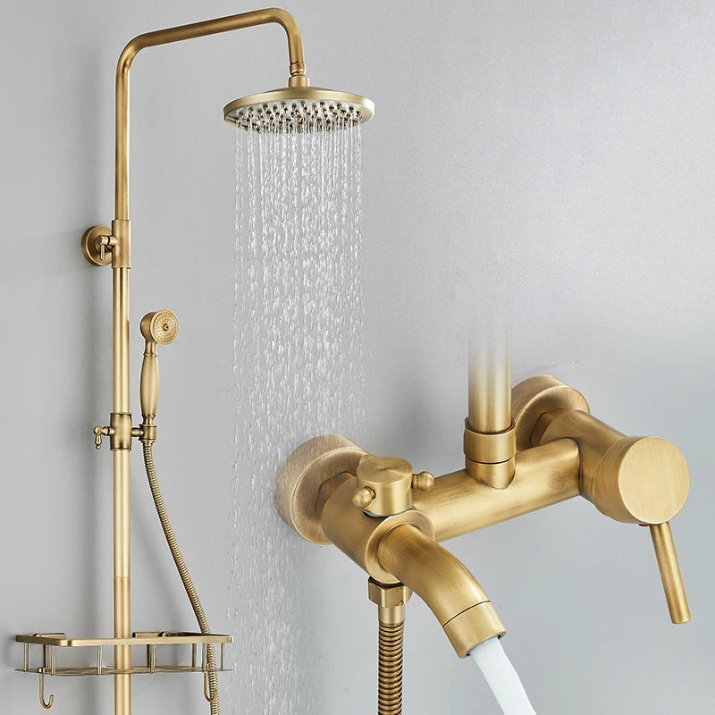 Antique Brass Wall Mounted Bathtub Shower Faucet Dual