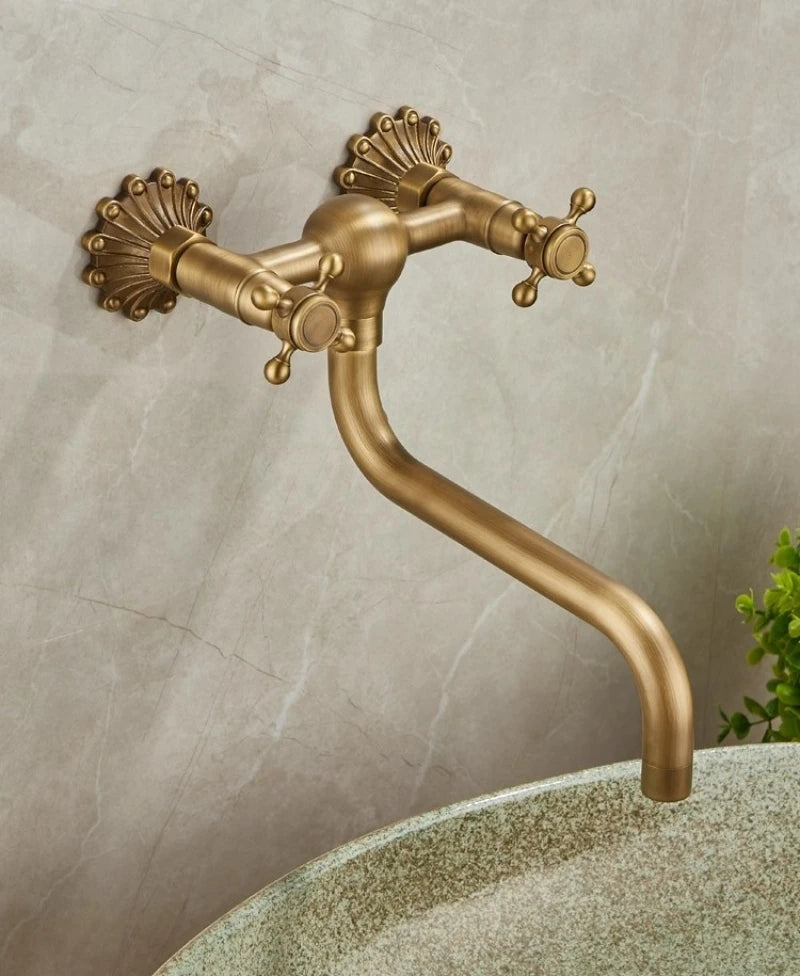 Brass Antique Wall Mounted Washbasin Faucets Double Handle