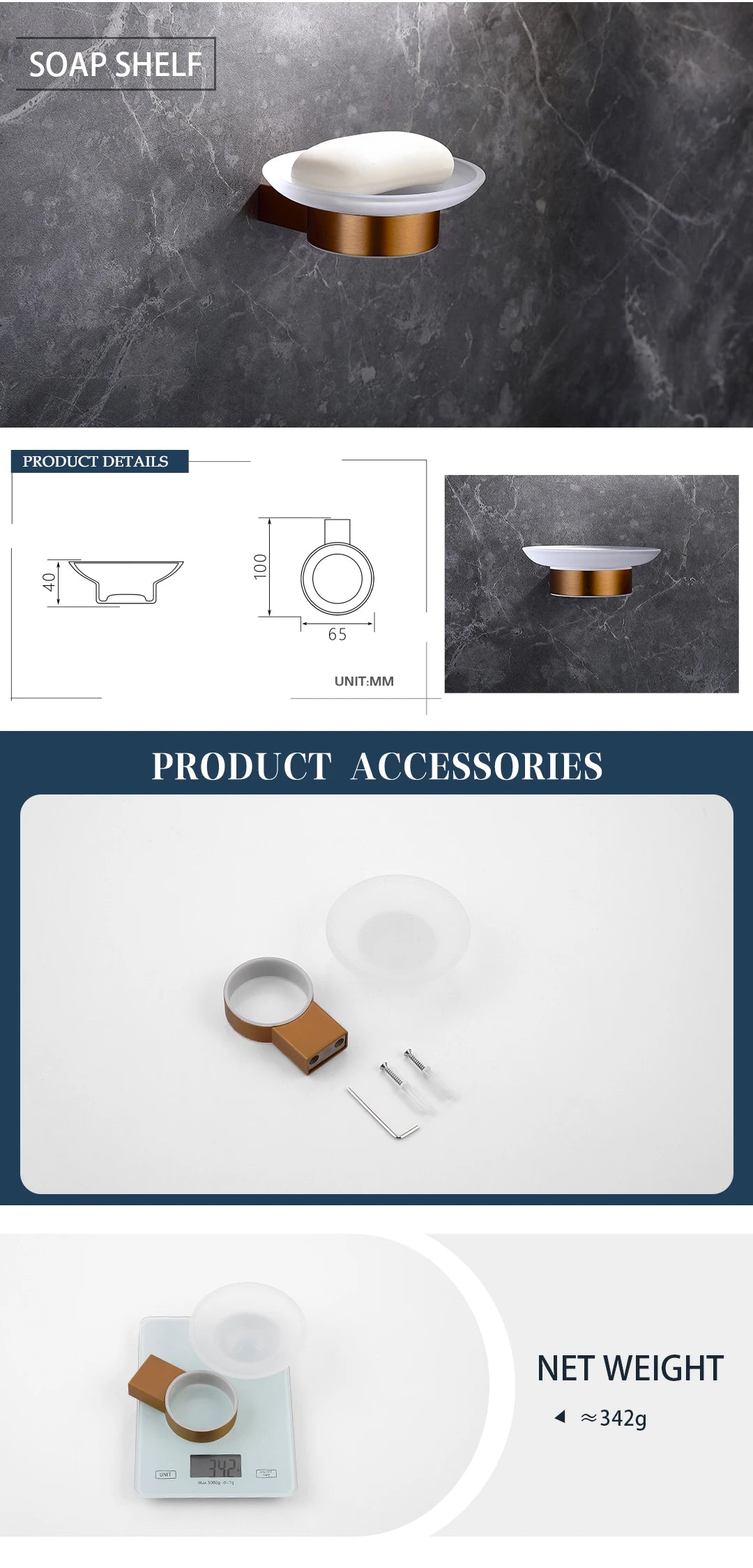 Rose Gold Bathroom Wall Mount Shelf Toilet Bath