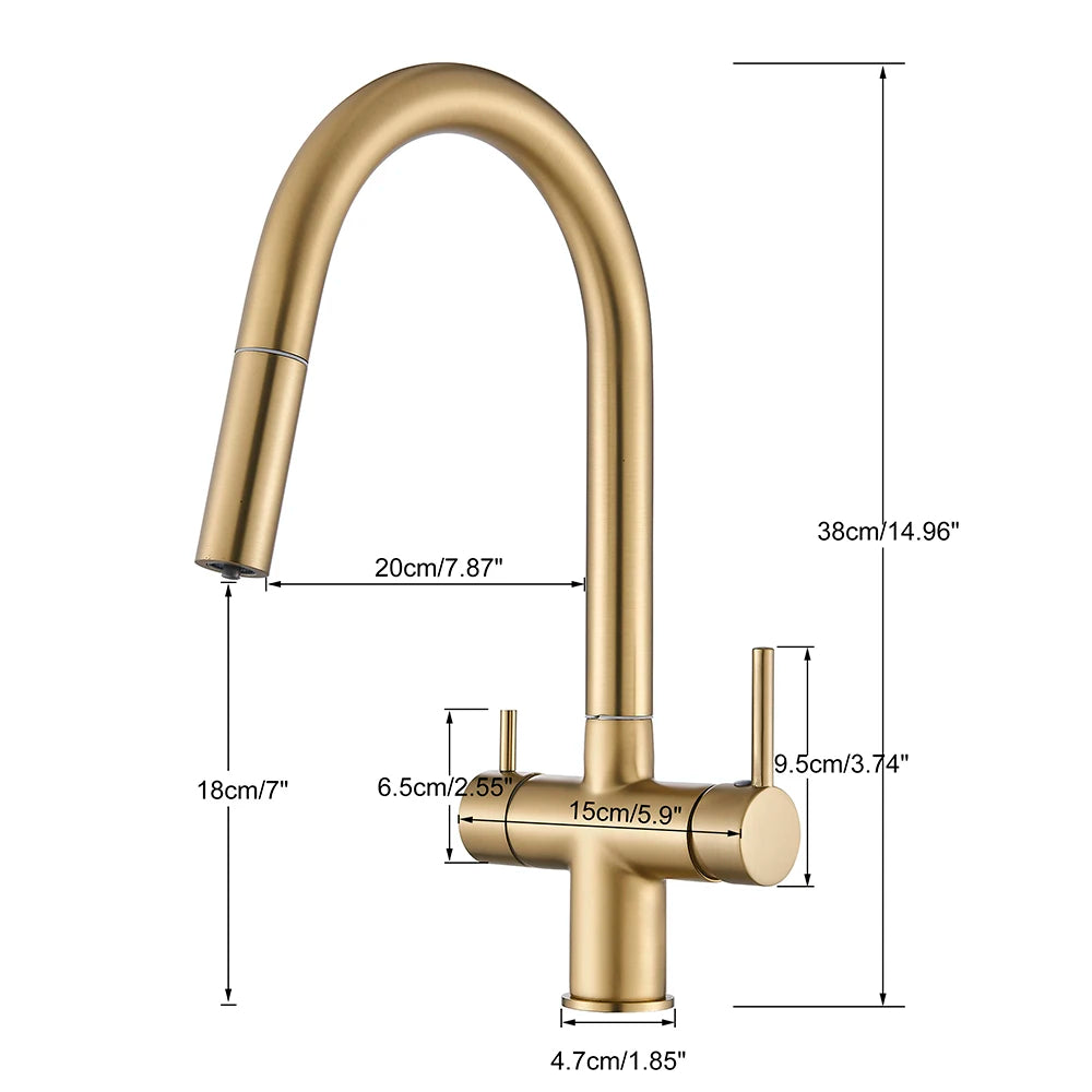 Brushed Gold Water Filter Faucet Dual Spout Pure