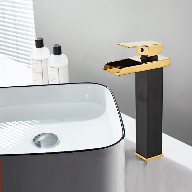 Black Waterfall Bathroom Basin Faucet Square Vanity Sink