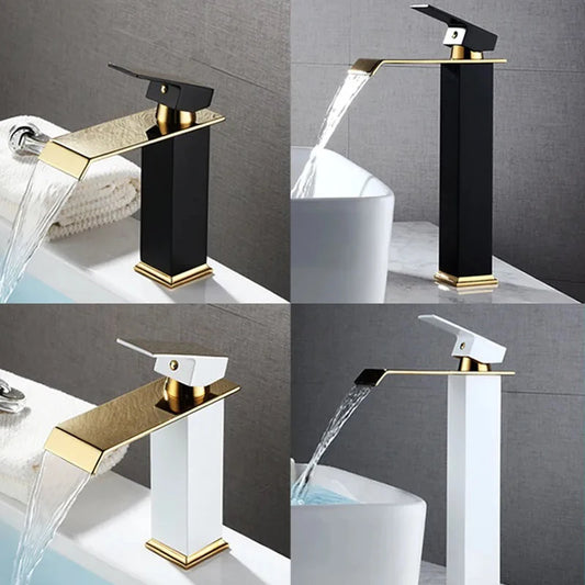 Basin Faucet Gold Black/White Waterfall Faucet Brass Bathroom