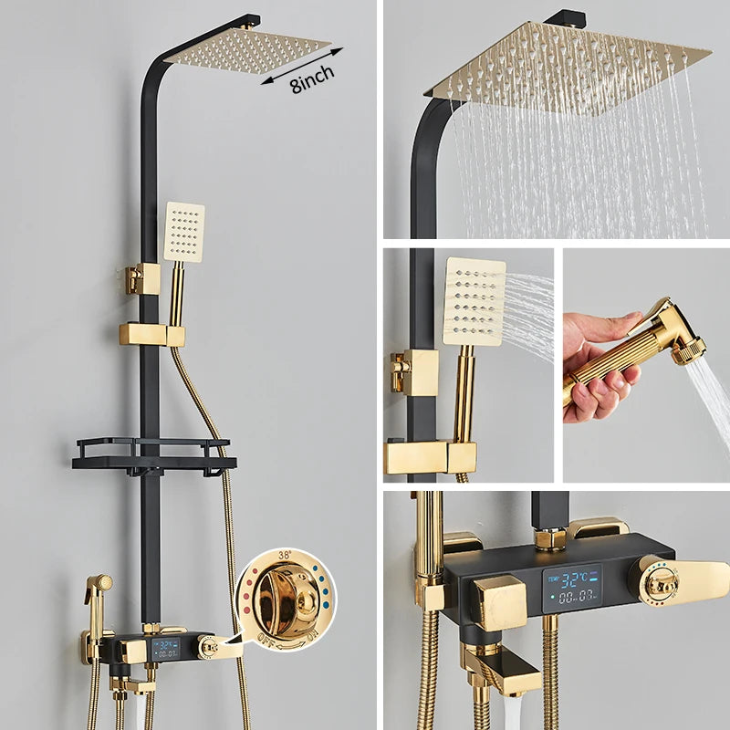 Black Digital Display Thermostatic Shower Faucets Rainfall Shower