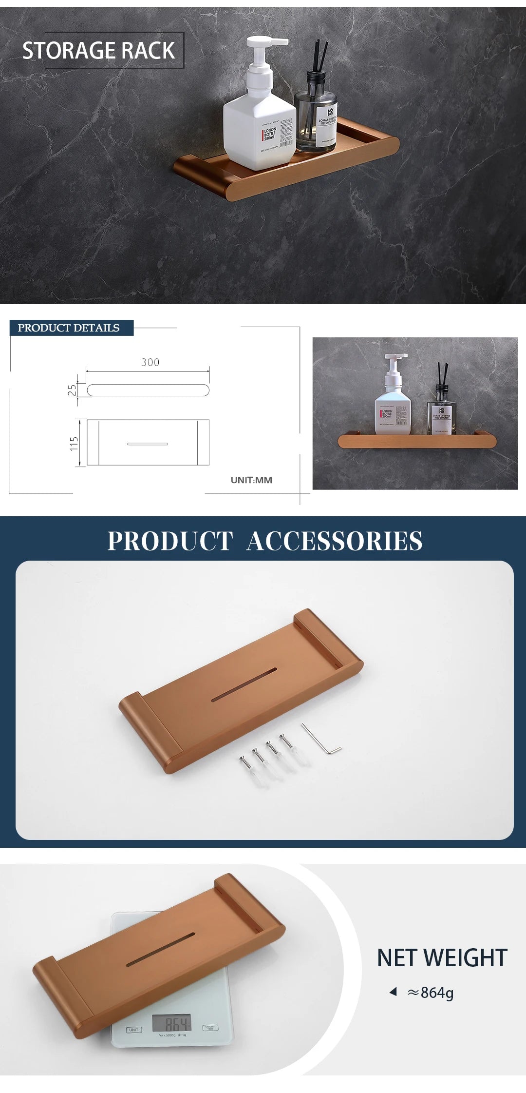 Rose Gold Bathroom Wall Mount Shelf Toilet Bath