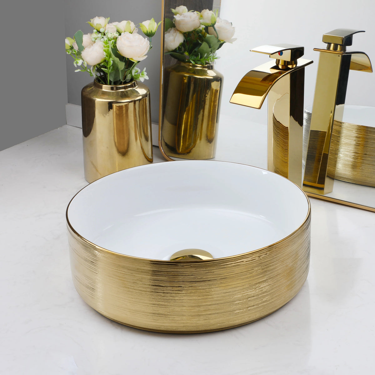 Kemaidi 14 Gold Round Vessel Sink Faucet Ceramic