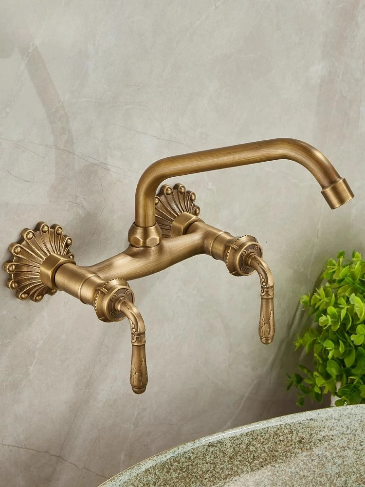 Brass Antique Wall Mounted Washbasin Faucets Double Handle
