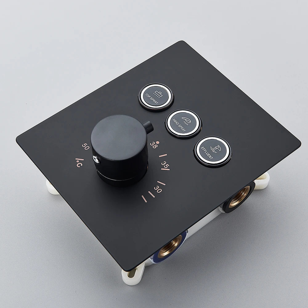 Black Thermostatic Bathroom Shower Faucet Remote Led Rainfall