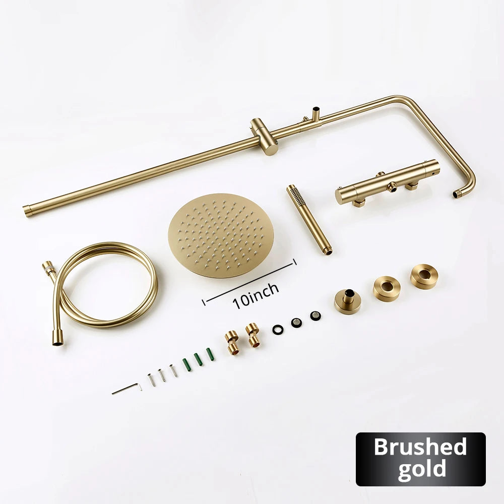 Brushed Gold Thermostatic Shower Faucets Sets Wall Mount
