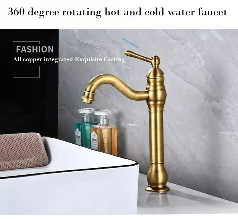 Antique Brass Basin Faucet 360 Rotation Handle Deck