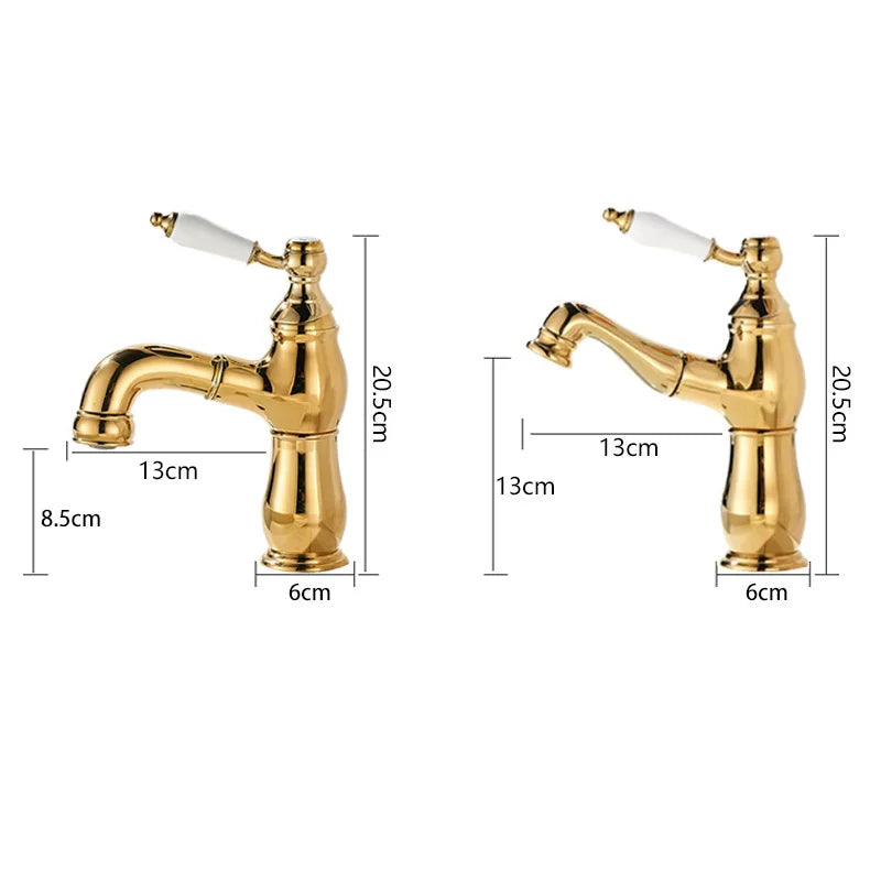 Gold Bathroom Ceramic Handle Basin Faucets Pull Out