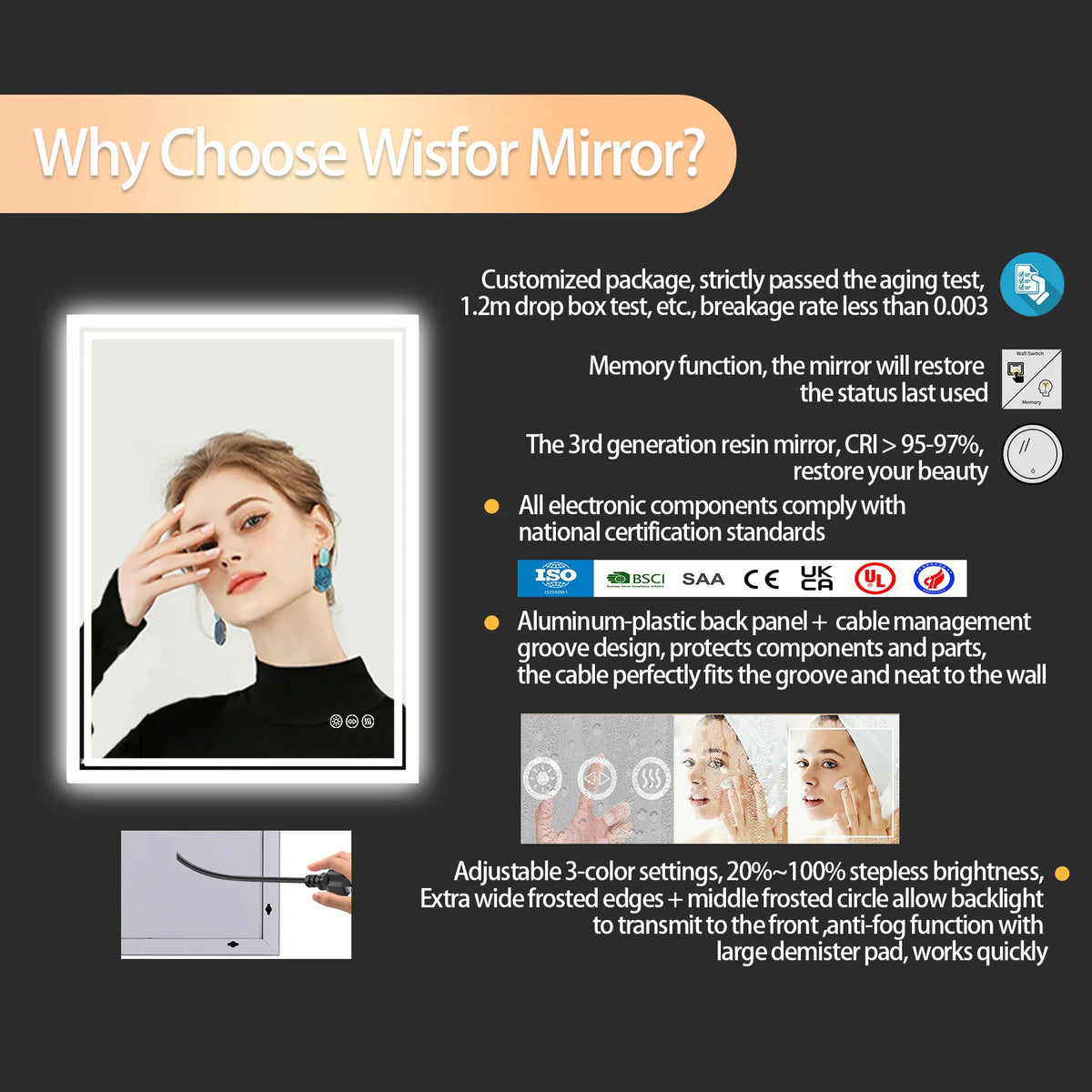 Led Backlit Mirror Bathroom Vanity Lights Anti-Fog Dimmable
