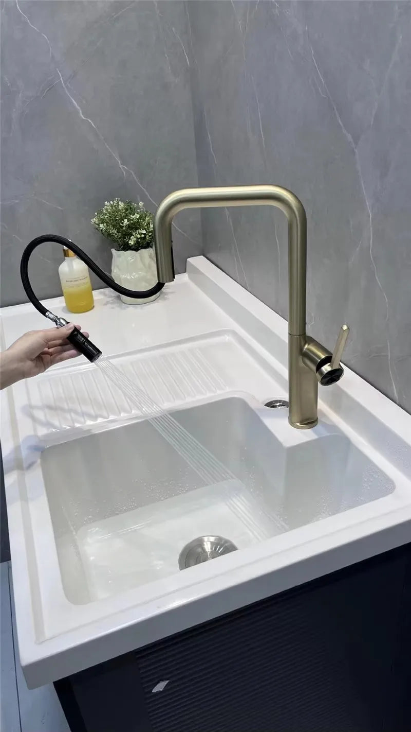 Brushed Gold Pull Out Faucets Brass Rose Gold